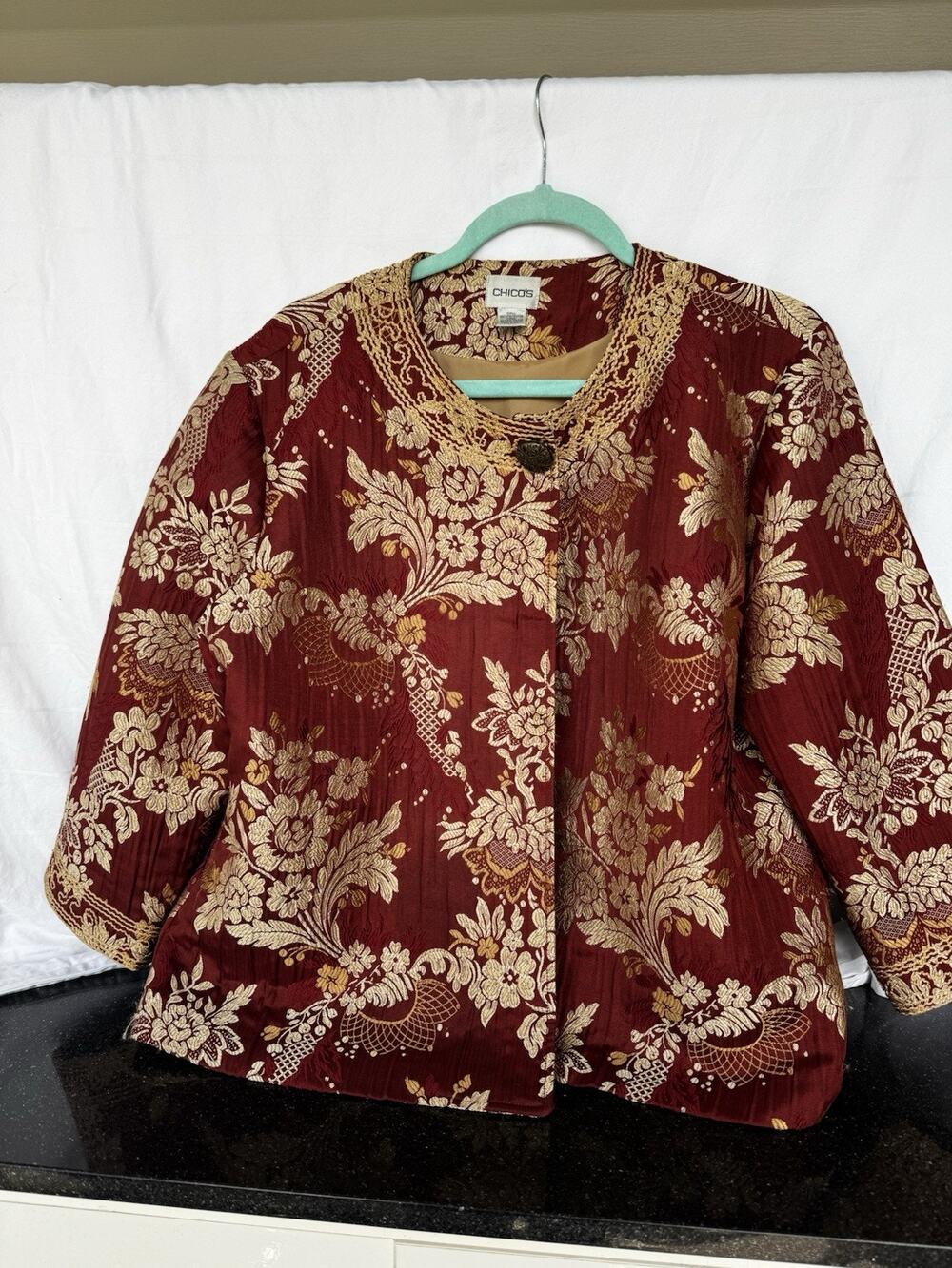 Chico's Sz 2L XL Brocade jacket Tapestry style Metallic Jacquard elegant Global